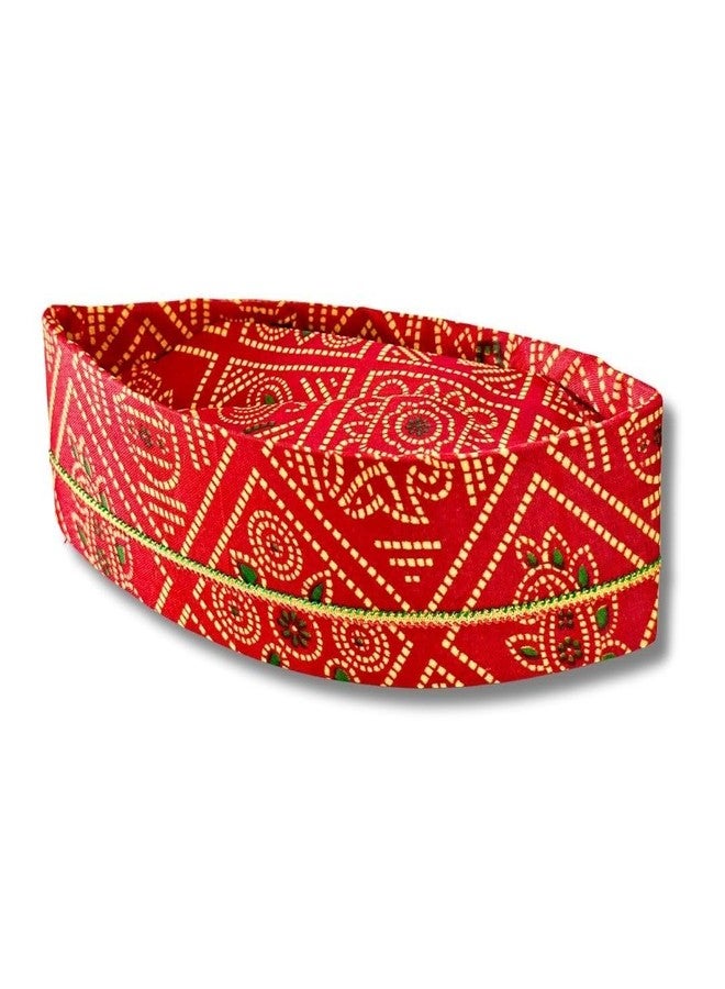 Firstdemand Men's Red Bandhni Cotton Topi Cap with Gold Chain Trim Handstitch Ready to Wear Topi/Cap/Turban for Wedding/Pooja and Traditional Function Use It -1 - Image 1